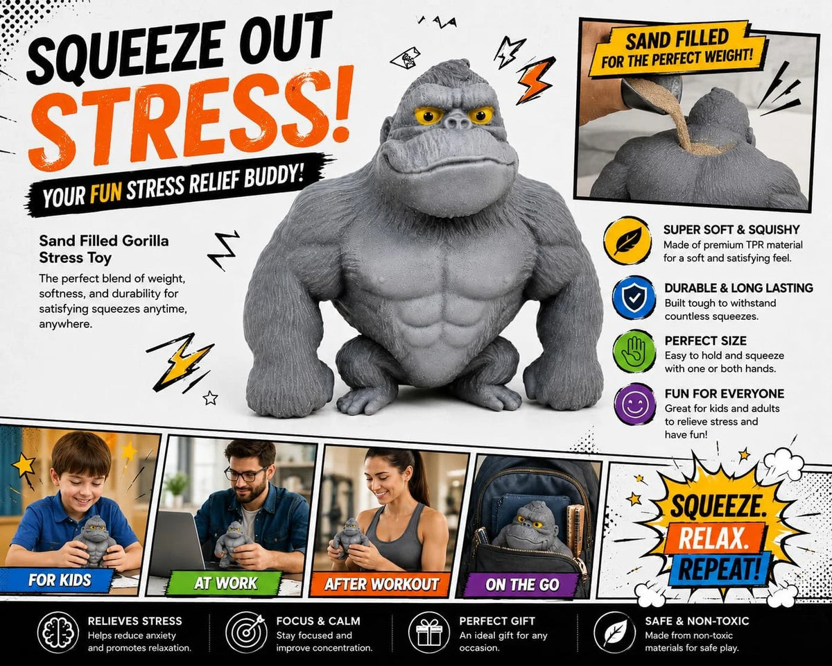 Stretchy Gorilla Fidget Toy, 5X Stretch Gray Gorilla Squeeze Toy, Sand Filled Squishy Stress Relief Toy for Kids & Adults, Fun Desk Toy, Ages 3+