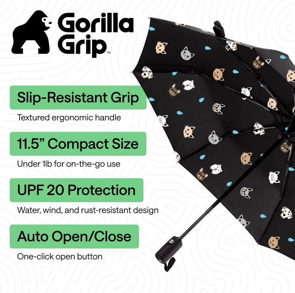 GORILLA GRIP Compact Travel Size Umbrella for Rain, Cats and Dogs
