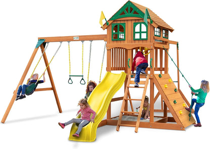 Gorilla Playsets 01-1075-Y Outing Wood Swing Set with Wood Roof and Twister Tube Slide - Yellow Slides, Amber