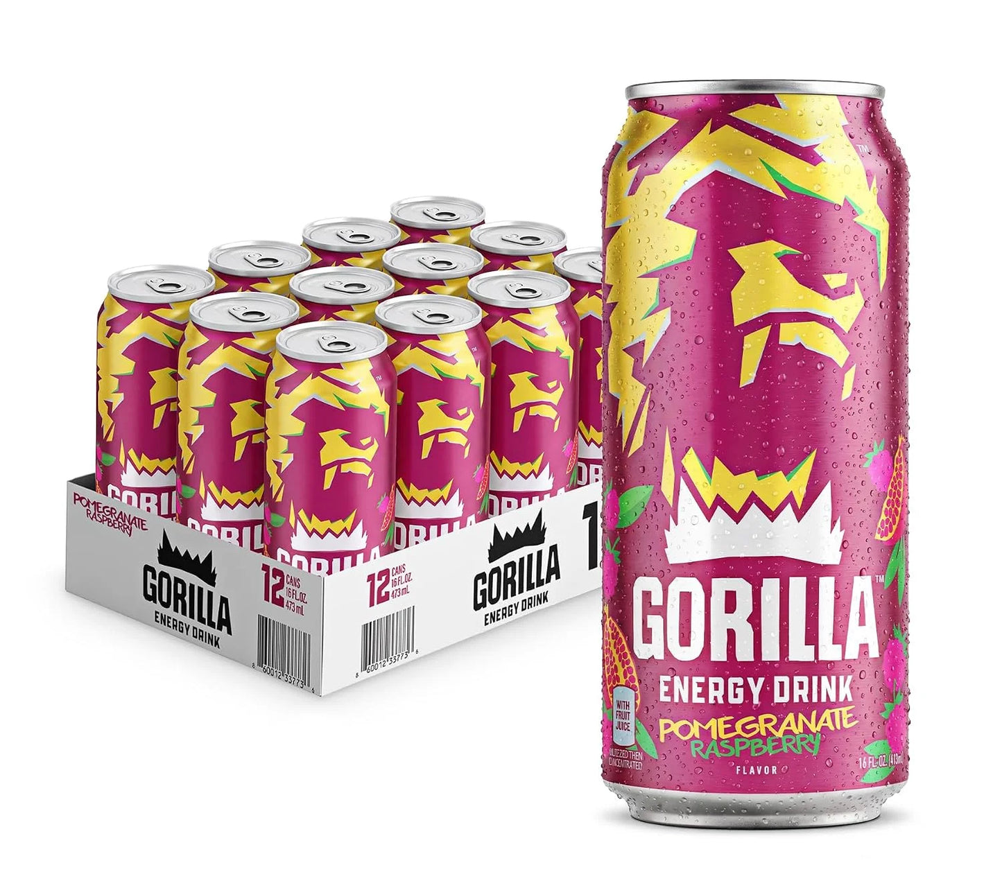 Gorilla Energy Drink, Cherry Berry, 200mg Plant-Based Caffeine, 12 Pack