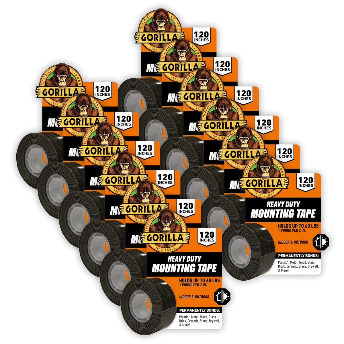 GORILLA Heavy Duty Double Sided Mounting Tape, Black Tape, 1" x 120" (Pack of 6) - Weatherproof for Indoor or Outdoor