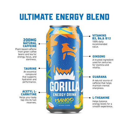 Gorilla Energy Drink, Cherry Berry, 200mg Plant-Based Caffeine, 12 Pack