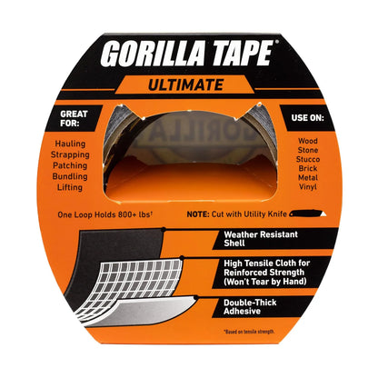Gorilla Ultimate Tape, High Tensile Cloth with Double-Thick Adhesive for Hauling, Strapping, Patching, Bundling, Lifting, 1.88" x 20yd, Black (Pack of 5)