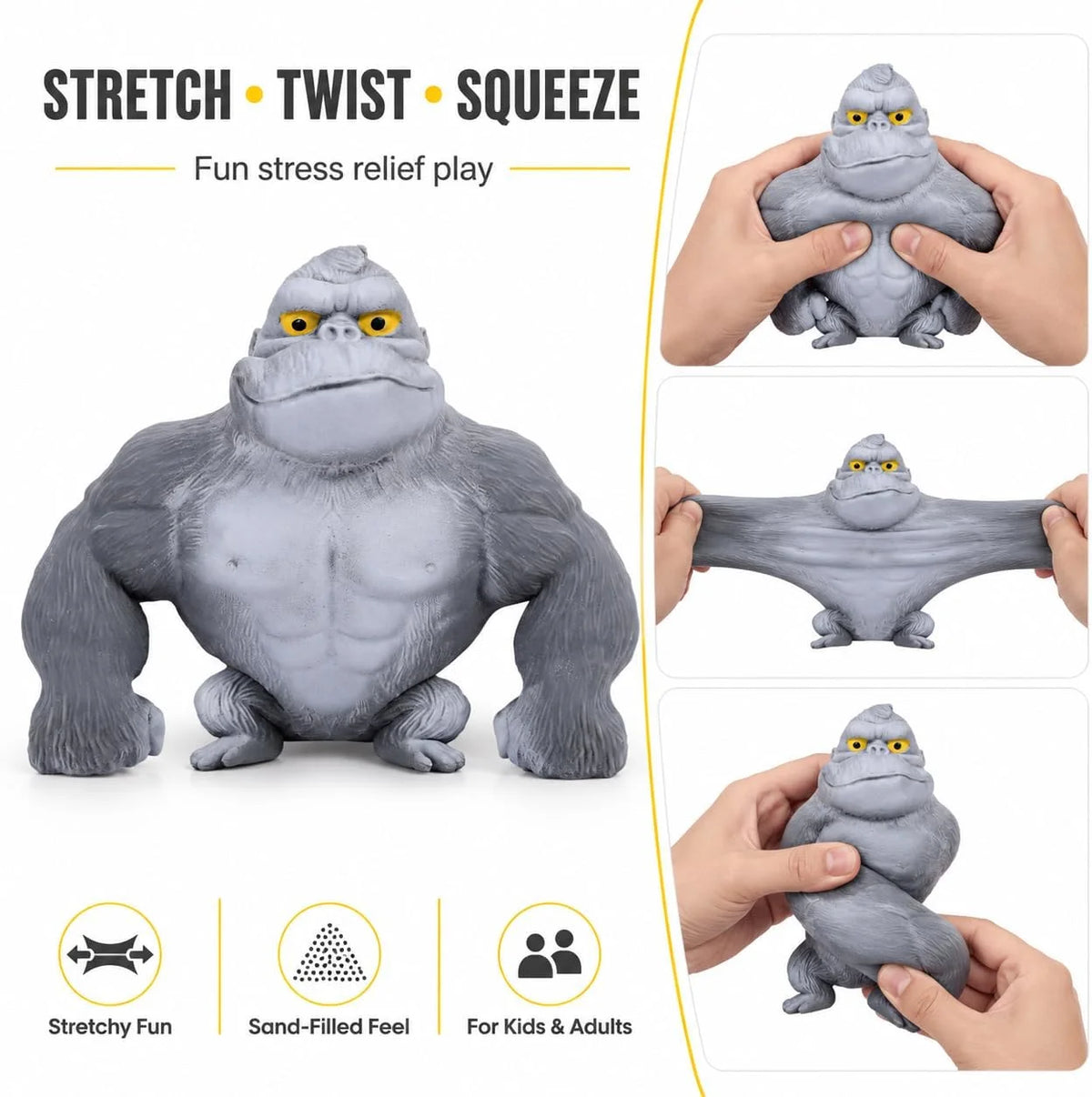 Stretchy Gorilla Fidget Toy, 5X Stretch Gray Gorilla Squeeze Toy, Sand Filled Squishy Stress Relief Toy for Kids & Adults, Fun Desk Toy, Ages 3+