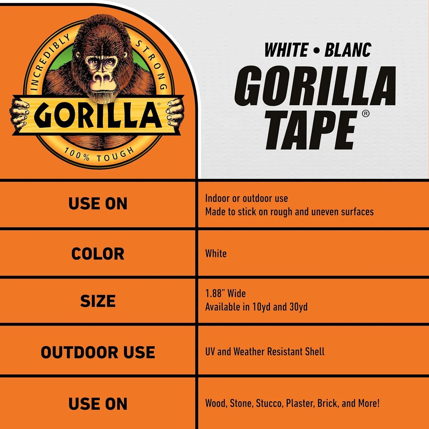 Gorilla Tape, White Duct Tape, 1.88" x 30 yd, White | (Pack of 12)