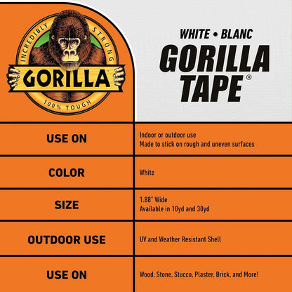 Gorilla Tape, White Duct Tape, 1.88" x 30 yd, White | (Pack of 12)