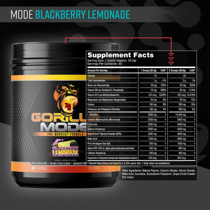 Gorilla Mode Pre Workout - Massive Pumps | 812g (BlackBerry Lemonade)