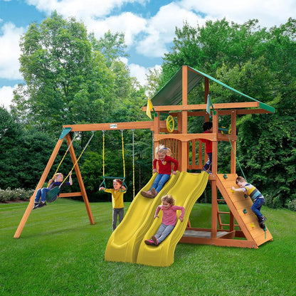 Gorilla Playsets 01-1075-Y Outing Wood Swing Set with Wood Roof and Twister Tube Slide - Yellow Slides, Amber