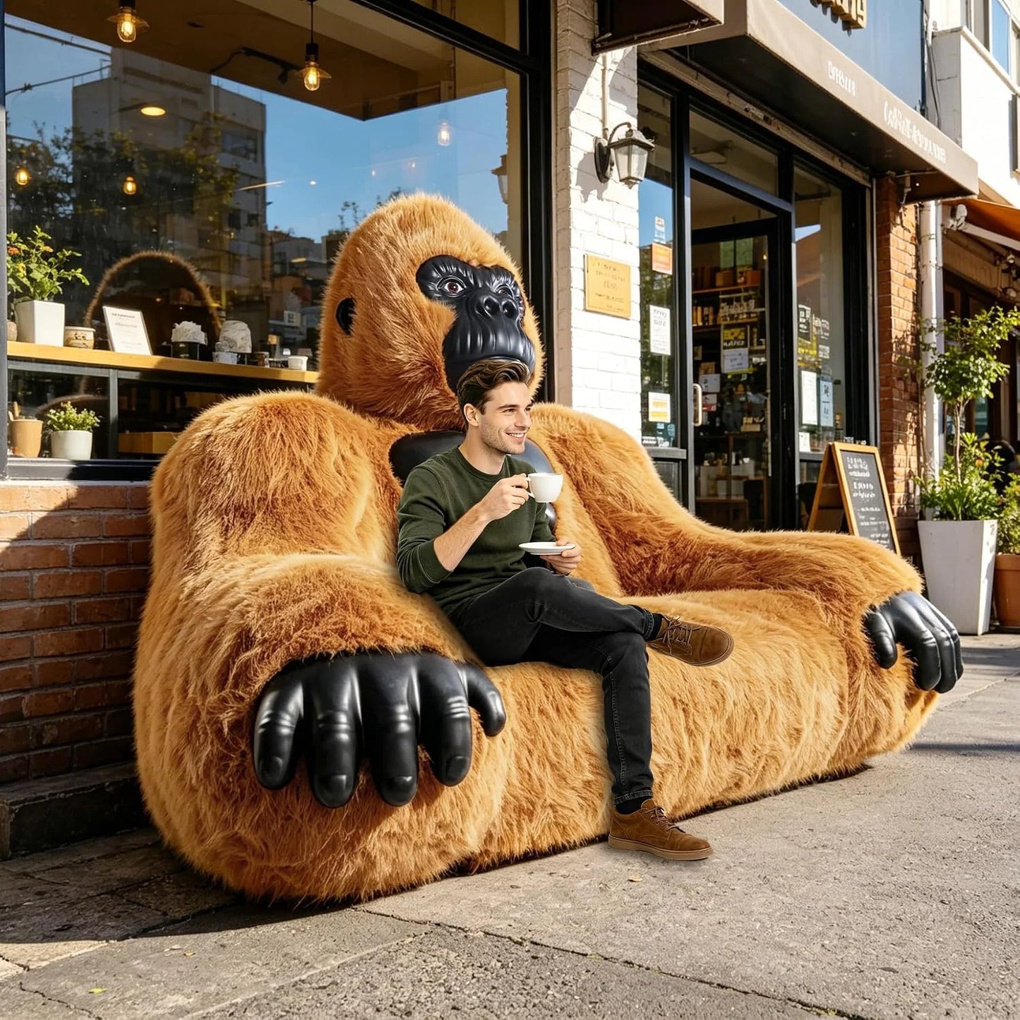 Giant Inflatable Gorilla Couch Blow Up Gorilla Sofa Furry Plush Orangutan Furniture for Lounging, Gaming or Movie Nights (Pink)