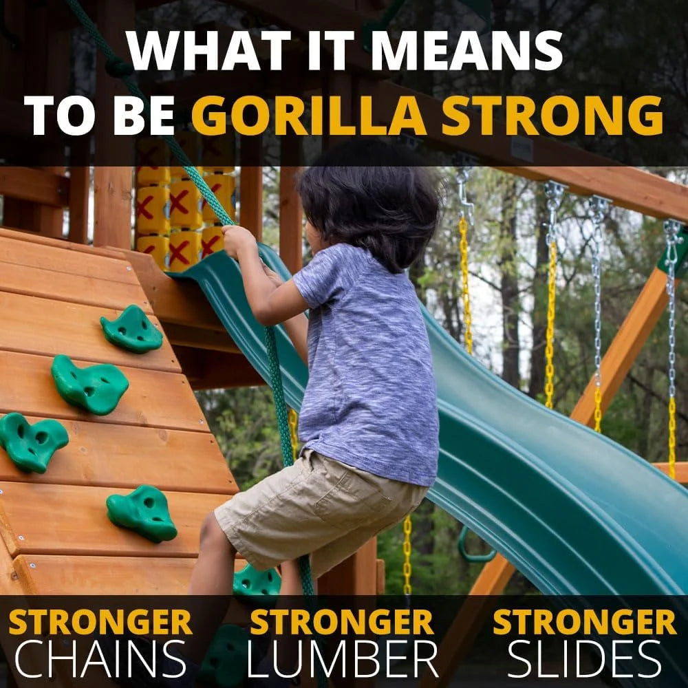 Gorilla Playsets 01-1075-Y Outing Wood Swing Set with Wood Roof and Twister Tube Slide - Yellow Slides, Amber