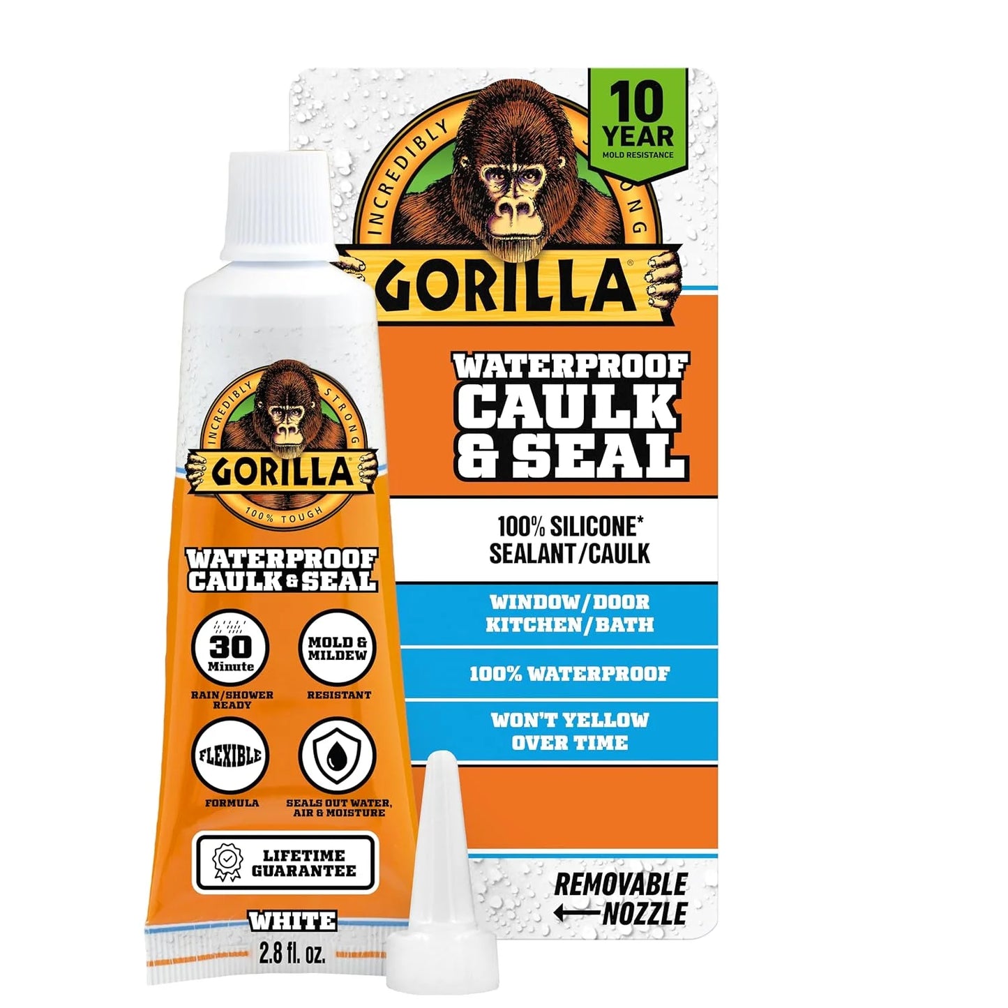 Gorilla 100% Silicone Caulk, 2.8 oz, 10 Year Mold Resistant, Clear, 2-Pack
