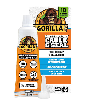 Gorilla 100% Silicone Caulk, 2.8 oz, 10 Year Mold Resistant, Clear, 2-Pack