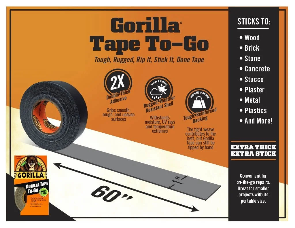 Gorilla 6100101-5 Duct Tape to-Go, 1" x 10 yd, Black, (Pack of 5), 5-Pack, 5 Piece