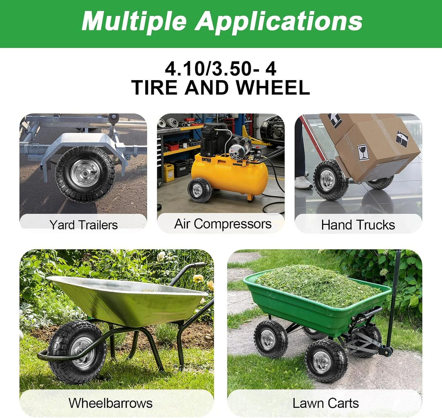 10" Heavy-Duty Replacement Tires, 4.10/3.50-4" for Gorilla Carts,Hand Trucks,Generators,Lawn Mowers & Garden Wagons - Double Sealed Bearings, 5/8" Axle Bore Hole - Pneumatic Air Tires (2 Pack)