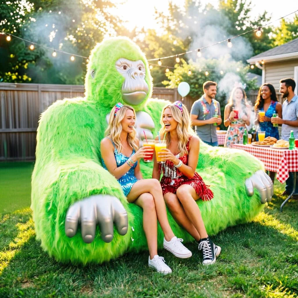 Giant Inflatable Gorilla Couch Blow Up Gorilla Sofa Furry Plush Orangutan Furniture for Lounging, Gaming or Movie Nights (Pink)