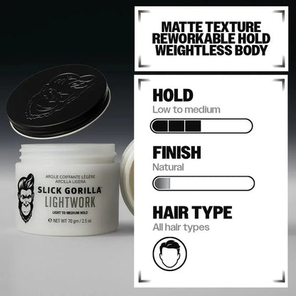 Slick Gorilla Lightwork Matte Hair Clay for Men, Flexible Hold, 2.5 oz