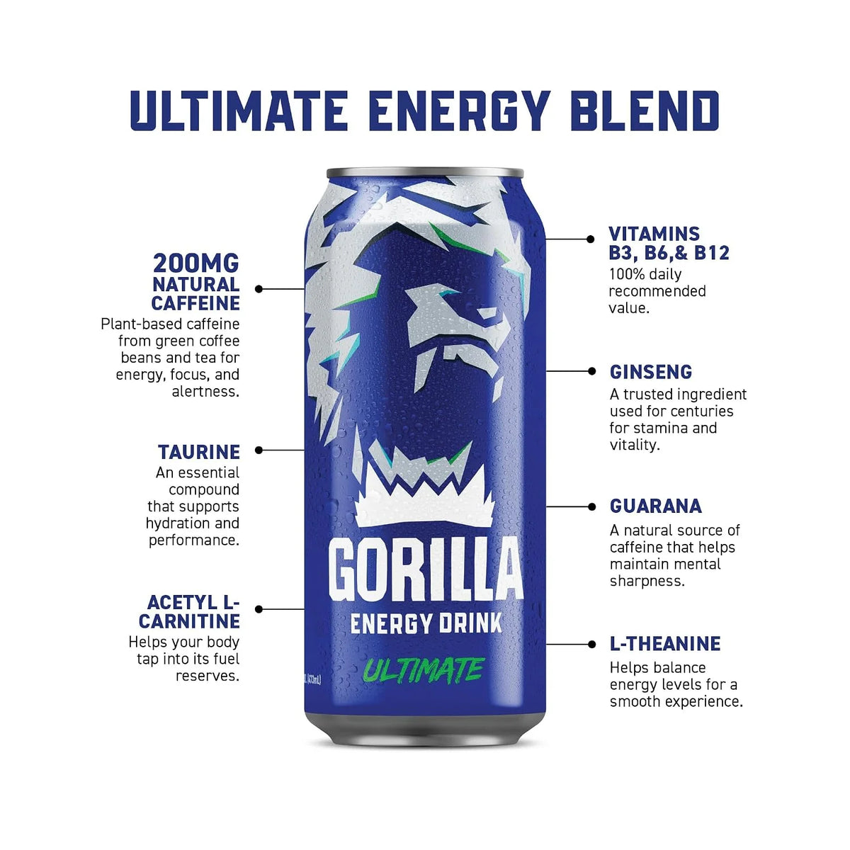 Gorilla Energy Drink, Cherry Berry, 200mg Plant-Based Caffeine, 12 Pack