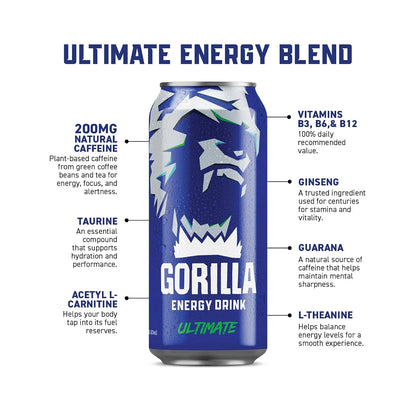 Gorilla Energy Drink, Cherry Berry, 200mg Plant-Based Caffeine, 12 Pack