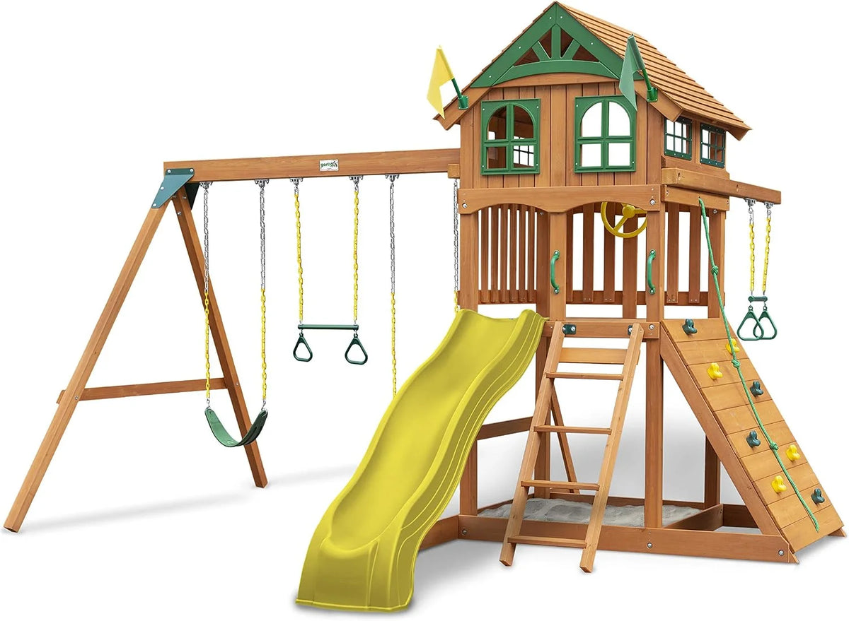 Gorilla Playsets 01-1075-Y Outing Wood Swing Set with Wood Roof and Twister Tube Slide - Yellow Slides, Amber