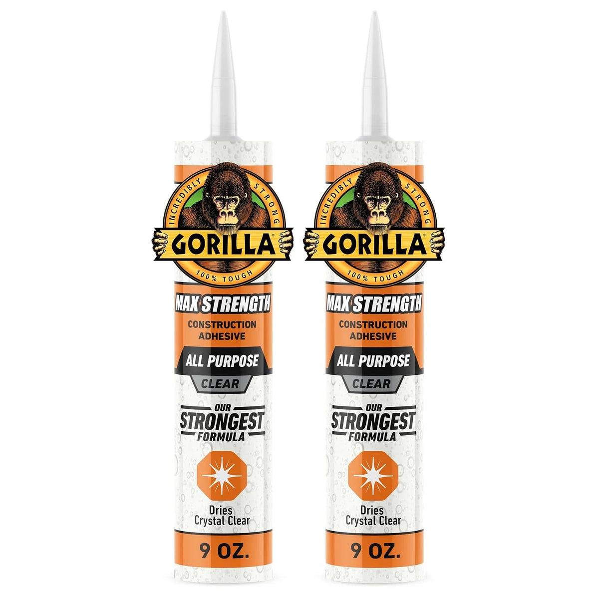 Gorilla Max Strength Construction Adhesive, 9 oz Cartridge (Pack of 3), Clear, Waterproof Gap-Filling Formula for Wood Metal Tile Stone Glass Mirror Indoor Outdoor, Paintable Sandable