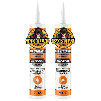 Gorilla Max Strength Construction Adhesive, 9 oz Cartridge (Pack of 3), Clear, Waterproof Gap-Filling Formula for Wood Metal Tile Stone Glass Mirror Indoor Outdoor, Paintable Sandable