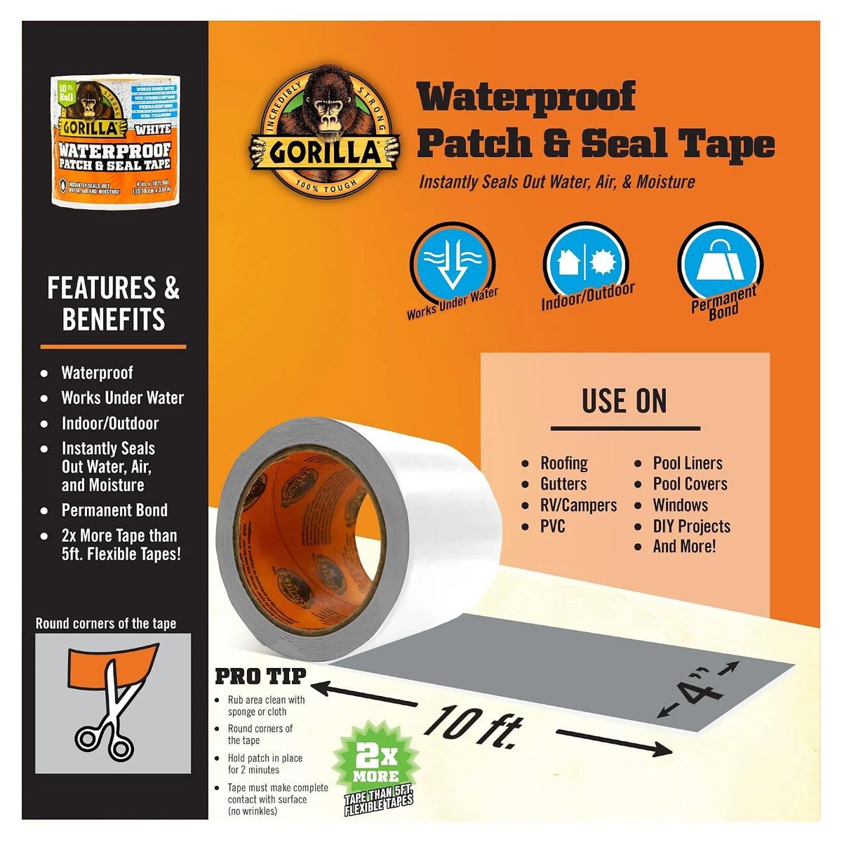 GORILLA Waterproofing Tape, Permanent Seal, White, 4" x 10', 2-Pack