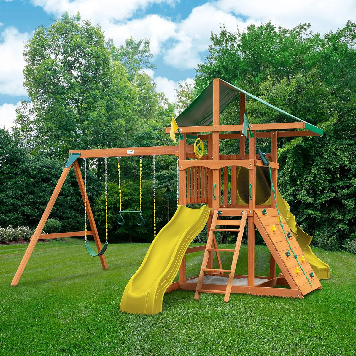 Gorilla Playsets 01-1075-Y Outing Wood Swing Set with Wood Roof and Twister Tube Slide - Yellow Slides, Amber