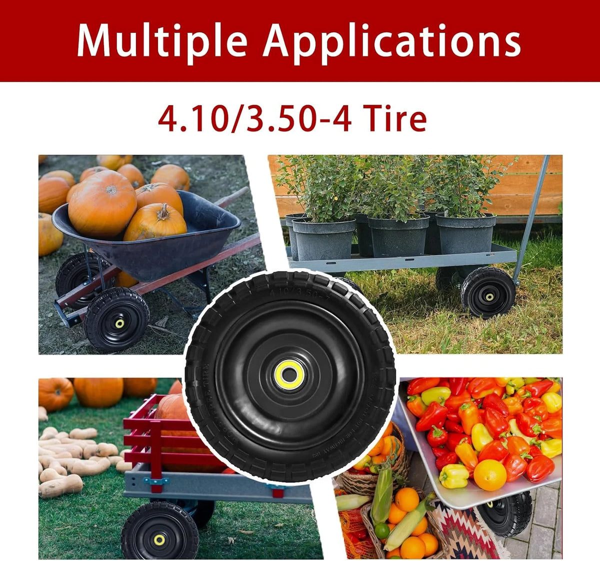 10" Flat Free Tires (4-Pack), 4.10/3.50-4 Solid Rubber Wheels for Gorilla Carts, Garden Wagons, Wheelbarrows & Utility Carts - 5/8" Axle Bore, 2.1" Offset Hub, Heavy Duty No-Flat Replacement