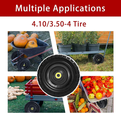 10" Flat Free Tires (4-Pack), 4.10/3.50-4 Solid Rubber Wheels for Gorilla Carts, Garden Wagons, Wheelbarrows & Utility Carts - 5/8" Axle Bore, 2.1" Offset Hub, Heavy Duty No-Flat Replacement