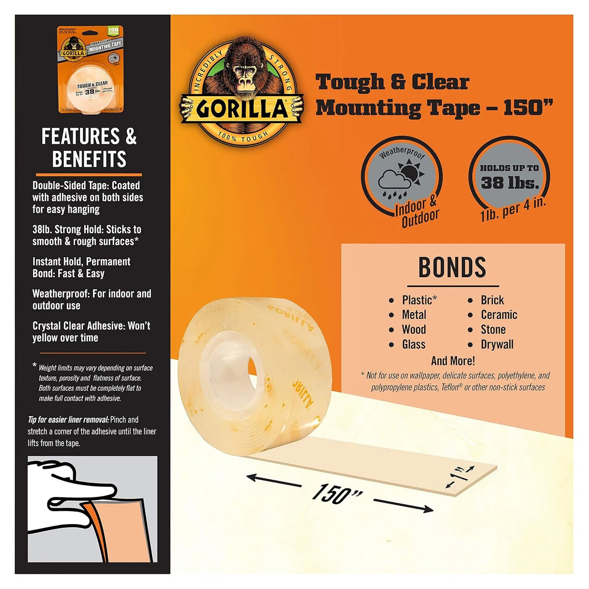 Gorilla Tough & Clear Double Sided Mounting Tape, Clear Tape, 1" x 150" - Weatherproof for Indoor or Outdoor (Pack of 6)