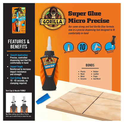 Gorilla Micro Precise Super Glue Gel, Clear, Cyanoacrylate, 5.5g, 2-Pack