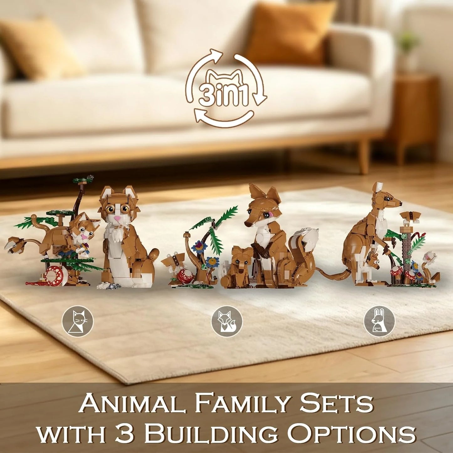 Vziimo 3 in 1 Animals Building Set for Adults, Build a Cat, Fox or Kangaroo, MOC Forest Animals Model for Home Office Decor, Creative Gift for Animal Lovers (1038 PCS)
