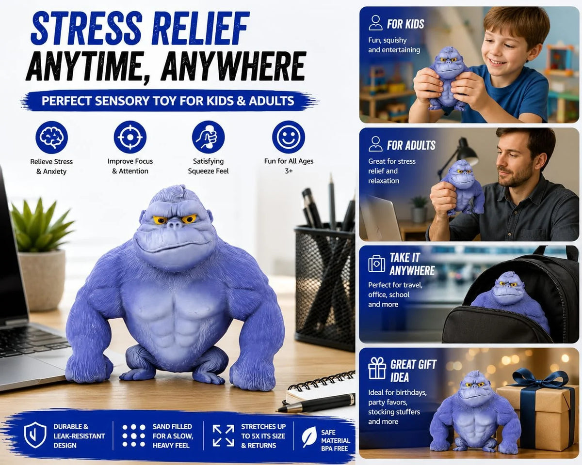 Stretchy Gorilla Fidget Toy, 5X Stretch Gray Gorilla Squeeze Toy, Sand Filled Squishy Stress Relief Toy for Kids & Adults, Fun Desk Toy, Ages 3+
