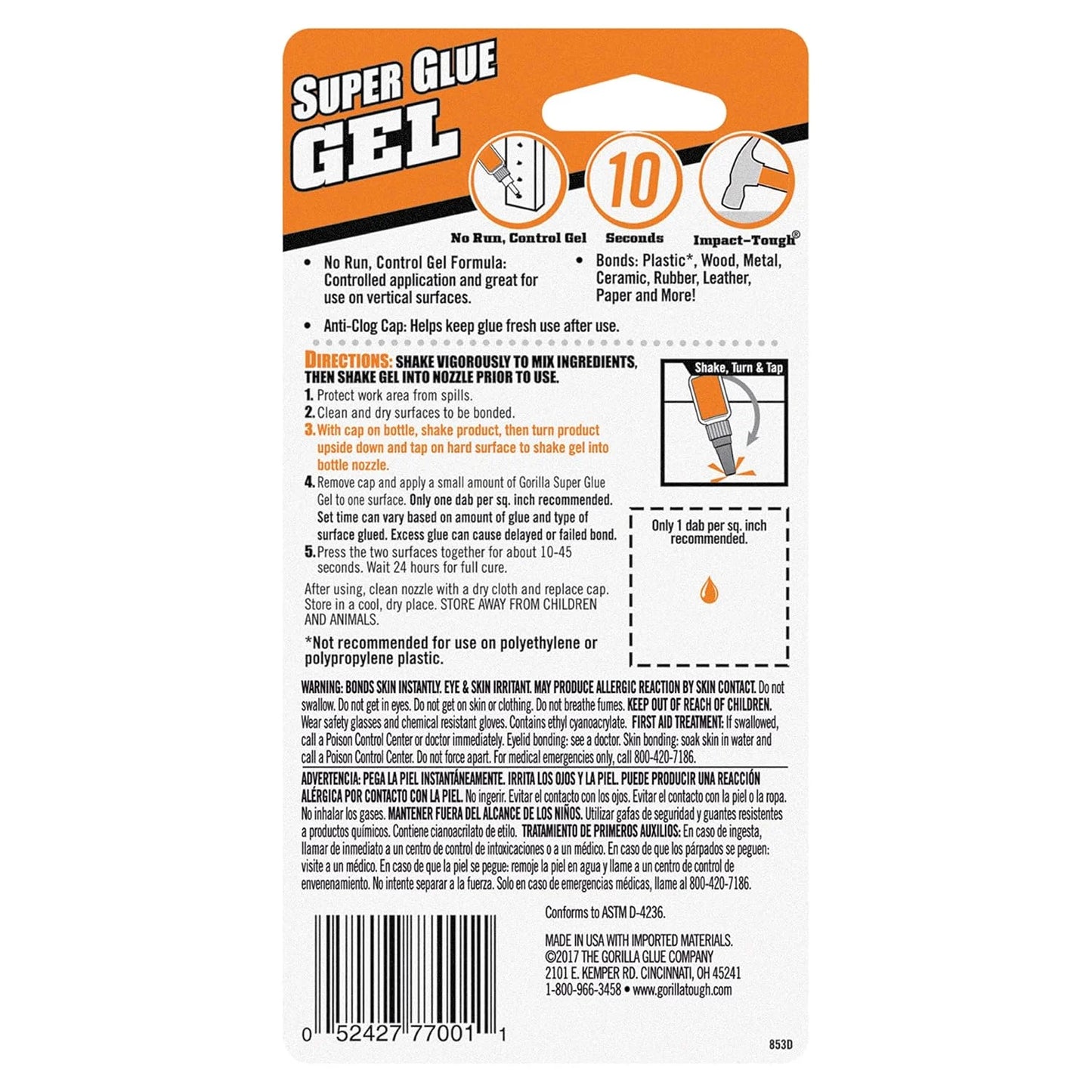 Gorilla Super Glue Gel, Clear, 20 g, 2-Pack, All Purpose, Fast Setting