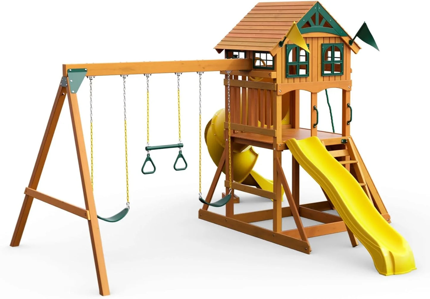 Gorilla Playsets 01-1075-Y Outing Wood Swing Set with Wood Roof and Twister Tube Slide - Yellow Slides, Amber