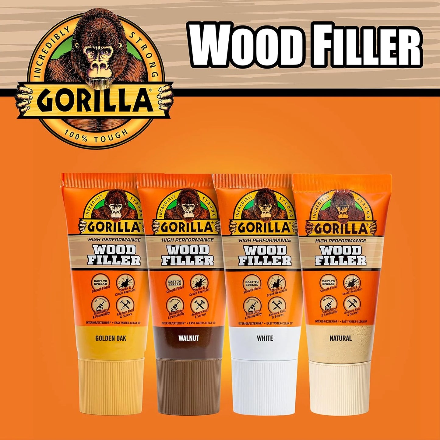 Gorilla Wood Filler, Water Resistant, White, 6 oz Tube, 2-Pack