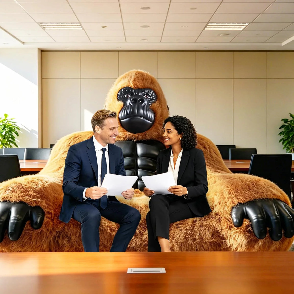 Giant Inflatable Gorilla Couch Blow Up Gorilla Sofa Furry Plush Orangutan Furniture for Lounging, Gaming or Movie Nights (Pink)