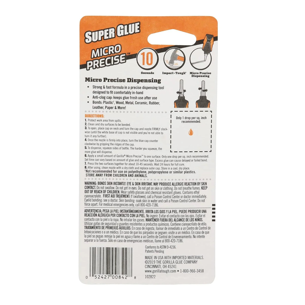 Gorilla Micro Precise Super Glue Gel, Clear, Cyanoacrylate, 5.5g, 2-Pack