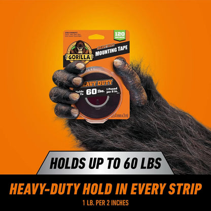 GORILLA Heavy Duty Double Sided Mounting Tape, Black Tape, 1" x 120" (Pack of 6) - Weatherproof for Indoor or Outdoor