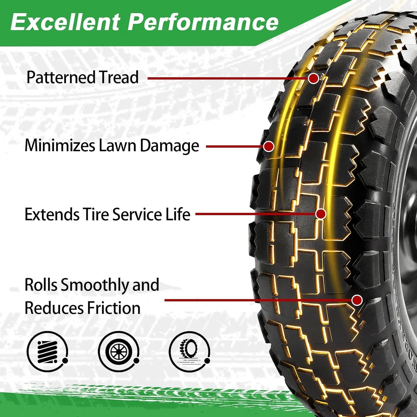 10" Flat Free Tires (4-Pack), 4.10/3.50-4 Solid Rubber Wheels for Gorilla Carts, Garden Wagons, Wheelbarrows & Utility Carts - 5/8" Axle Bore, 2.1" Offset Hub, Heavy Duty No-Flat Replacement