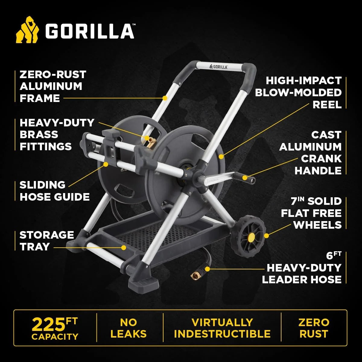 Gorilla GRS-200H Aluminum Garden Hose Reel, 200 Ft, No-Leak Brass Fittings