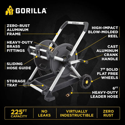 Gorilla GRS-200H Aluminum Garden Hose Reel, 200 Ft, No-Leak Brass Fittings