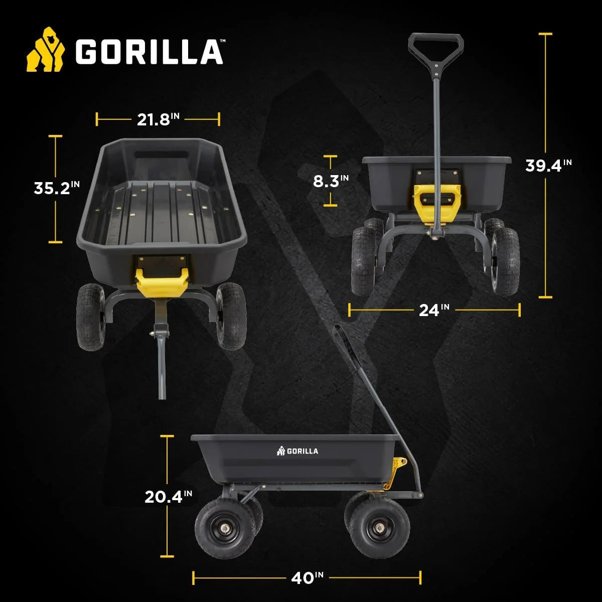Gorilla Carts Dump Garden Cart, 4 Cu Ft, 600 lb Capacity, No-Flat Tires