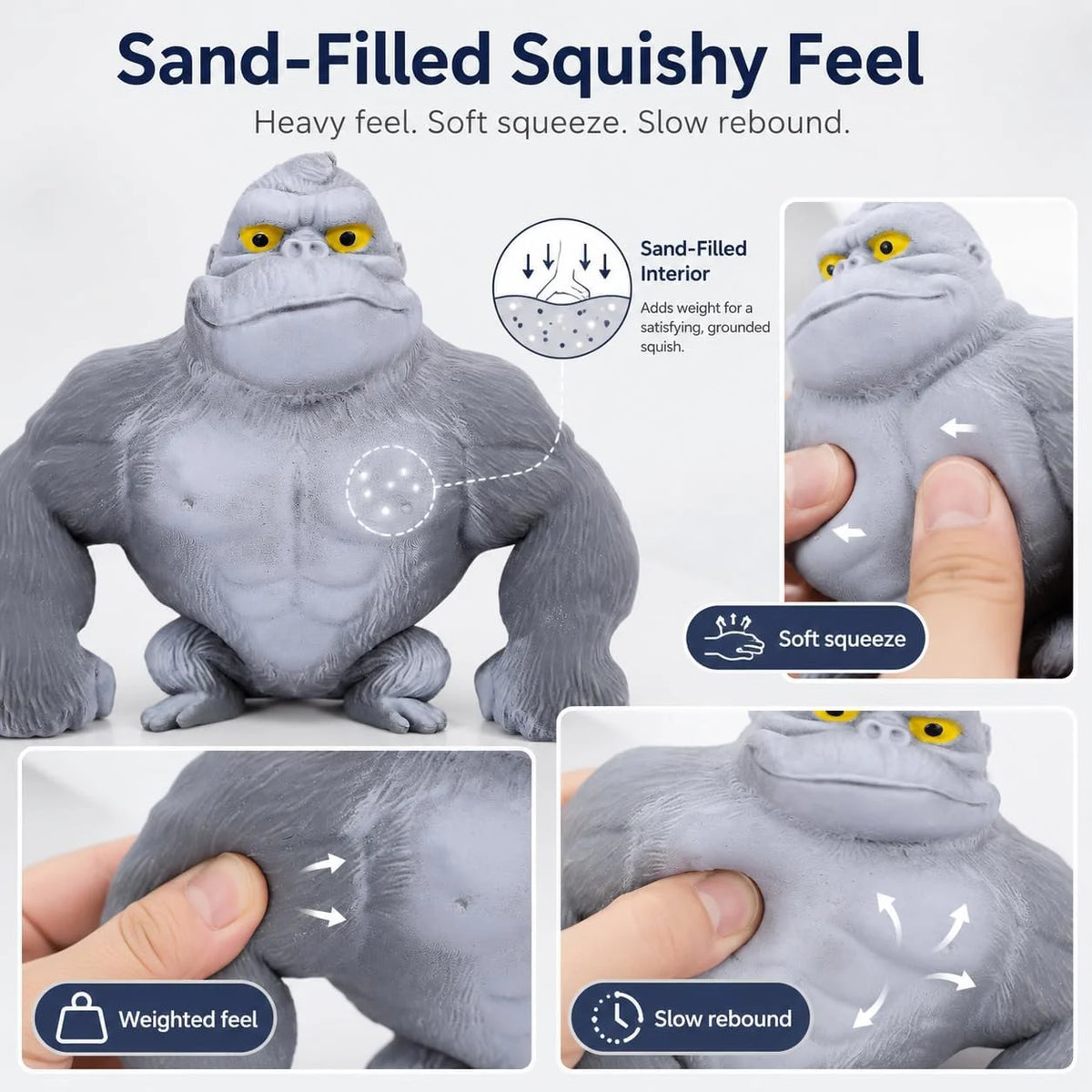Stretchy Gorilla Fidget Toy, 5X Stretch Gray Gorilla Squeeze Toy, Sand Filled Squishy Stress Relief Toy for Kids & Adults, Fun Desk Toy, Ages 3+