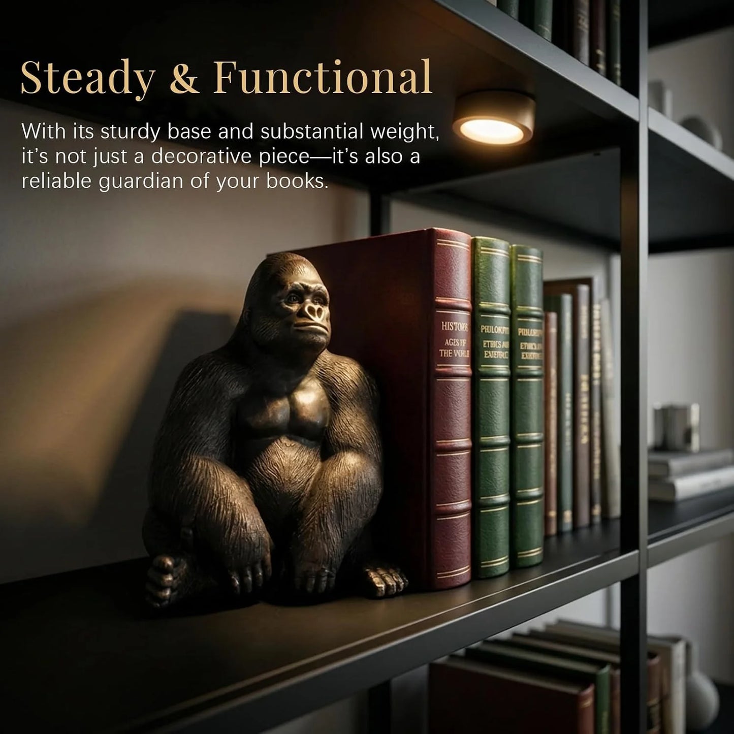 Office Decor Silverback Gorilla Statue Sitting, Black Gold