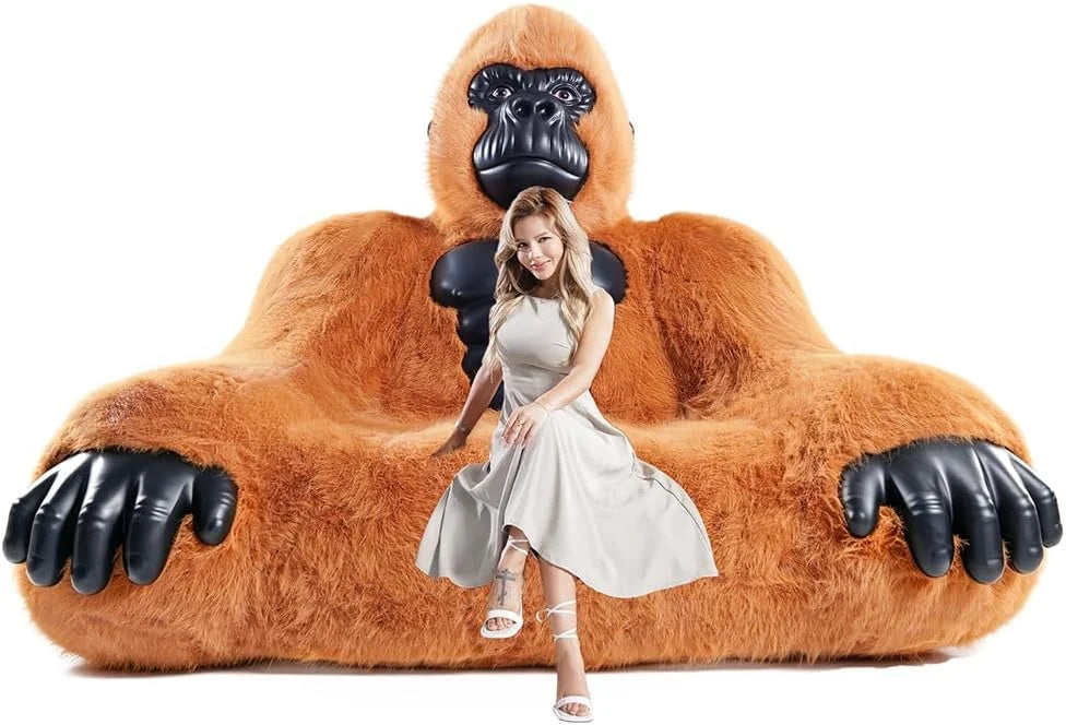 Giant Inflatable Gorilla Couch Blow Up Gorilla Sofa Furry Plush Orangutan Furniture for Lounging, Gaming or Movie Nights (Pink)