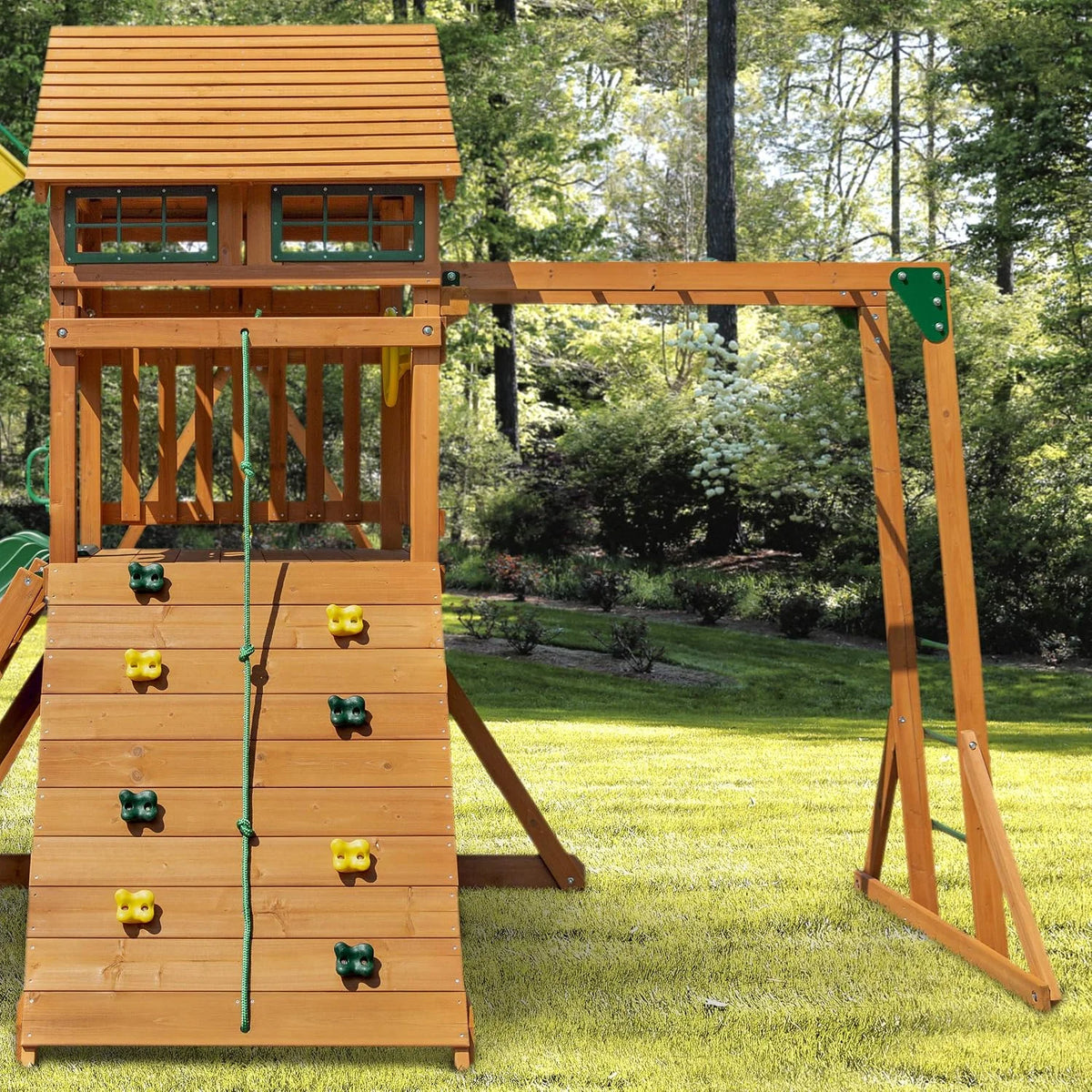 Gorilla Playsets 01-1075-Y Outing Wood Swing Set with Wood Roof and Twister Tube Slide - Yellow Slides, Amber