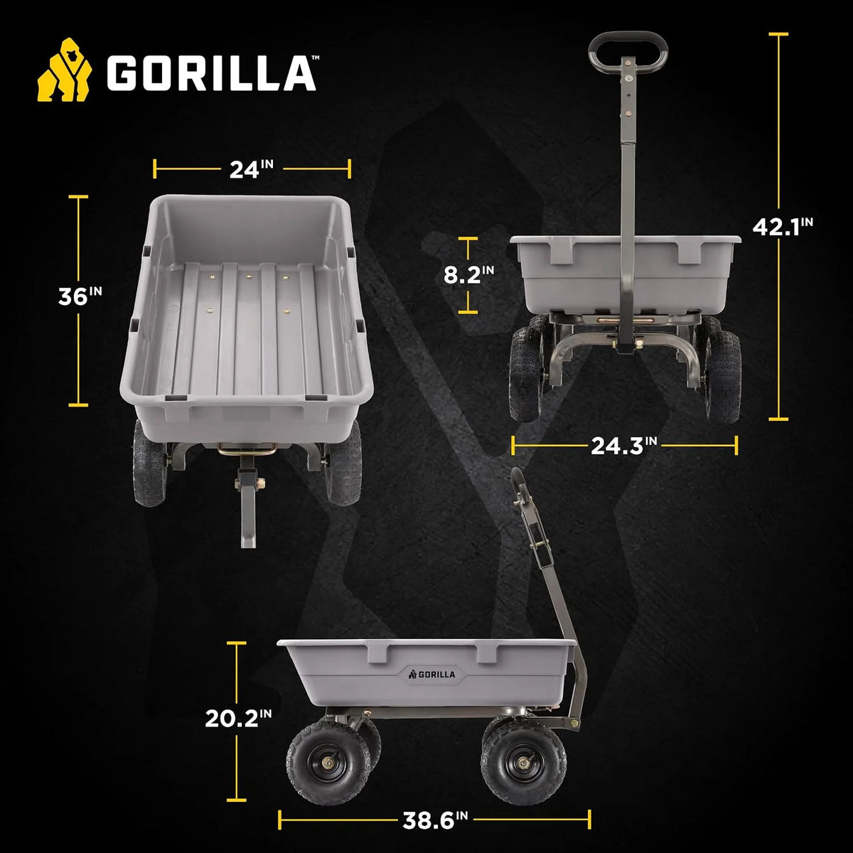 Gorilla Carts Poly Dump Cart, 800 lb. Capacity, 5 Cu Ft, Gray