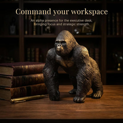 Office Decor Silverback Gorilla Statue Sitting, Black Gold