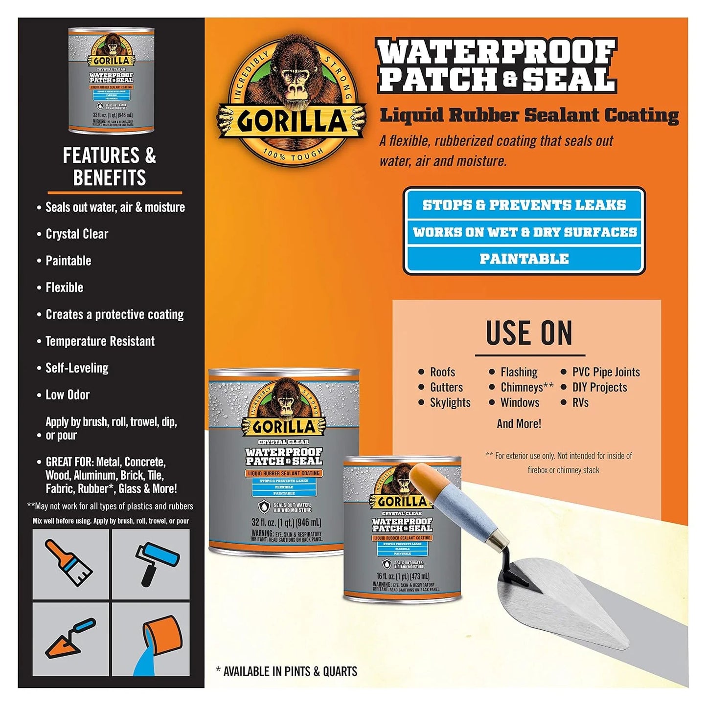 Gorilla Patch & Seal Liquid Rubber Waterproof Sealant, White, 32 Ounce (Pack of 6) - Seals Out Water, Air, and Moisture